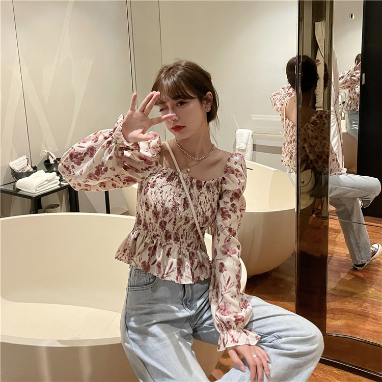 Real price ~ off the shoulder one line Collar Chiffon shirt design feeling minority floral square collar Long Sleeve Shirt