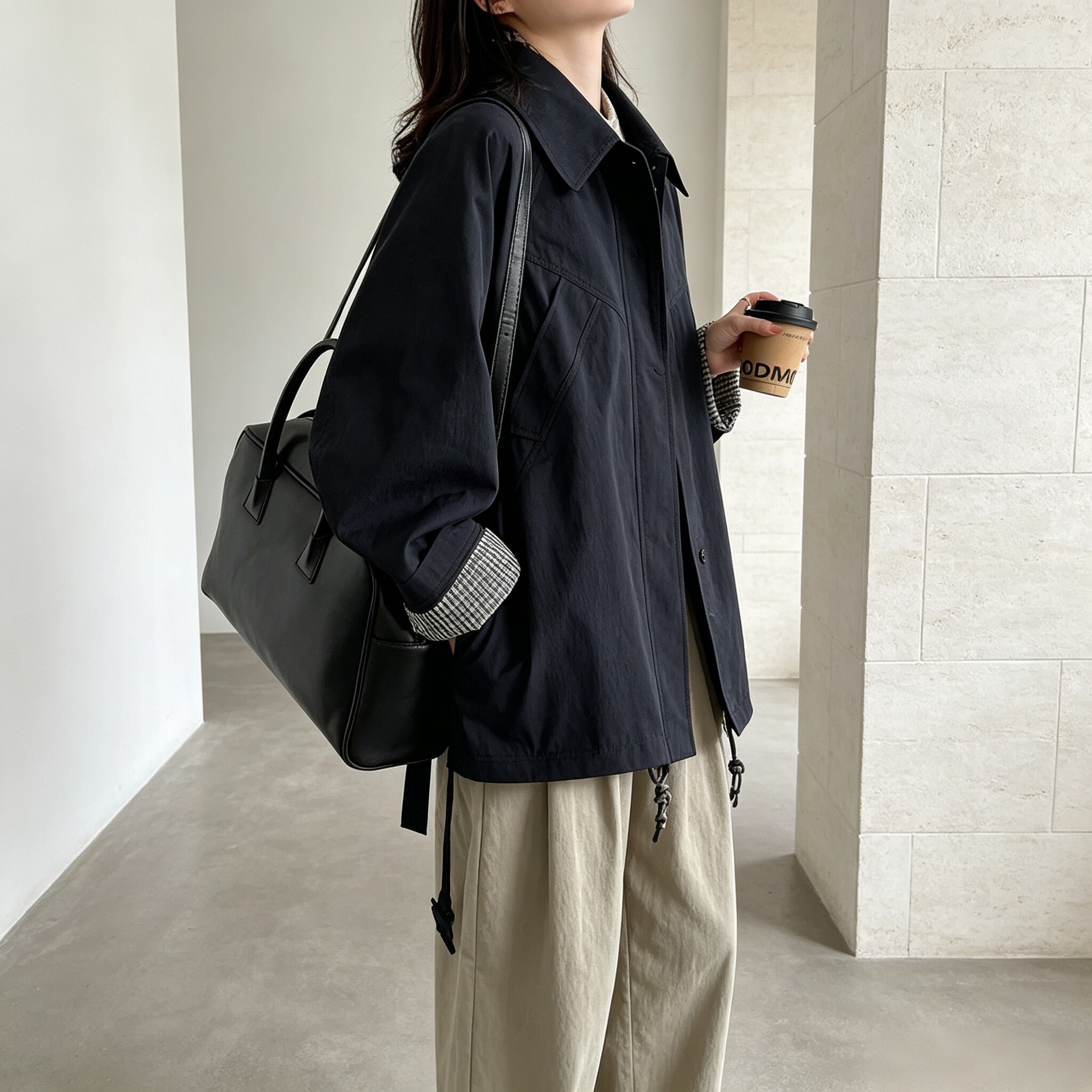韩系秋季格纹单排扣收腰风衣女