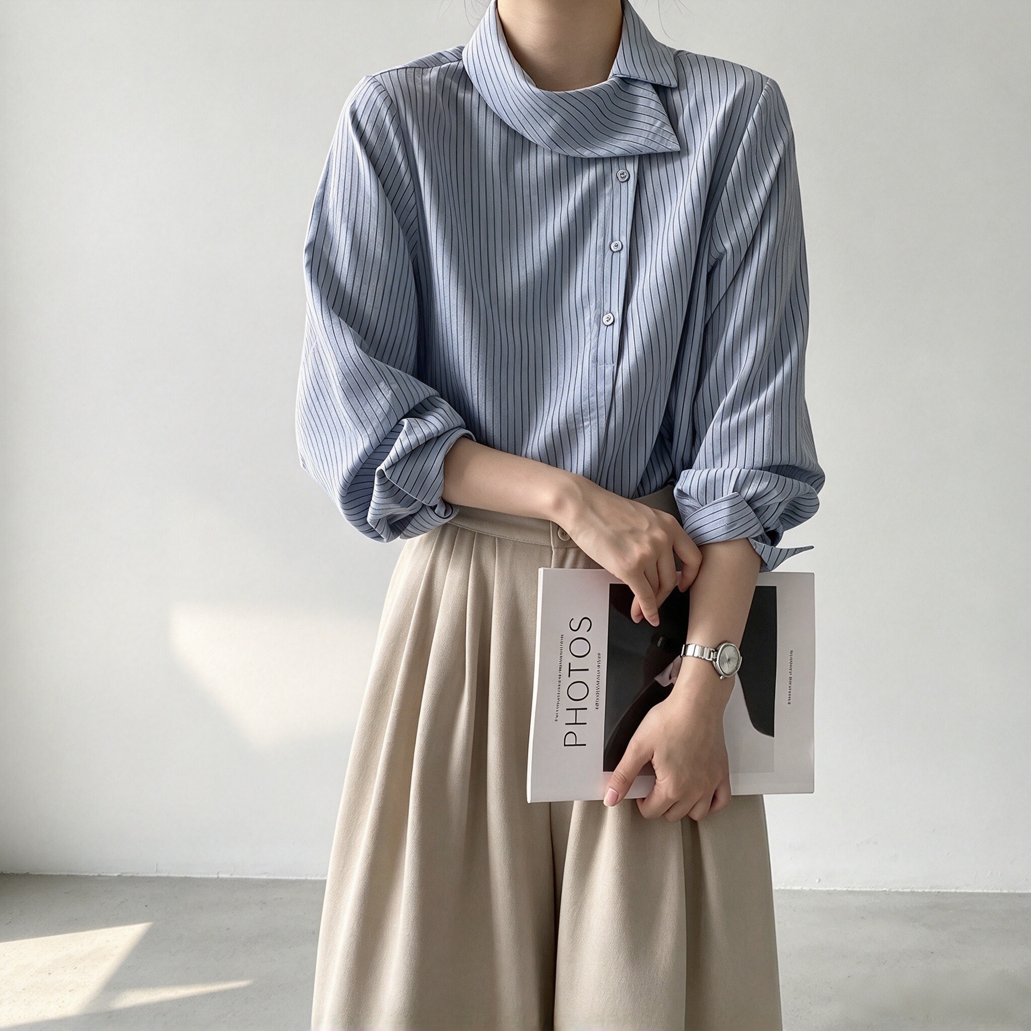 秋装新款韩系通勤条纹斜扣女衬衫