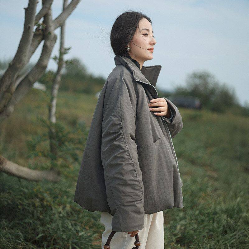 日系简约冬季加厚立领短款棉服女