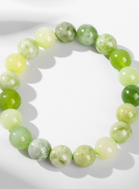 天然青提奶盖岫玉手链女渐变绿白