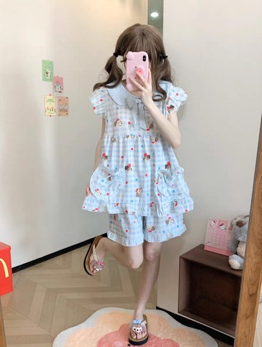 1JINN STUDIO 1JINN STUDIO原创卡通格子腊肠狗夏季少女睡衣短袖