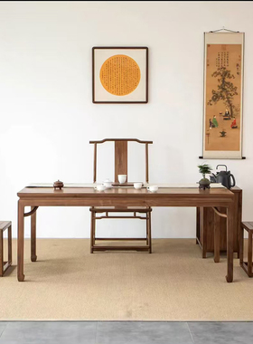 新中式茶桌椅组合禅意茶室原木干泡台束腰马蹄桌子老榆木实木家具