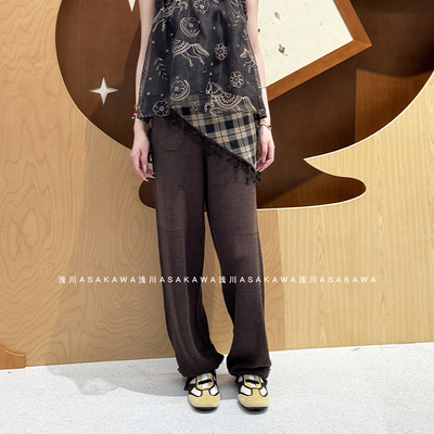 棕色针织系带口袋休闲长裤