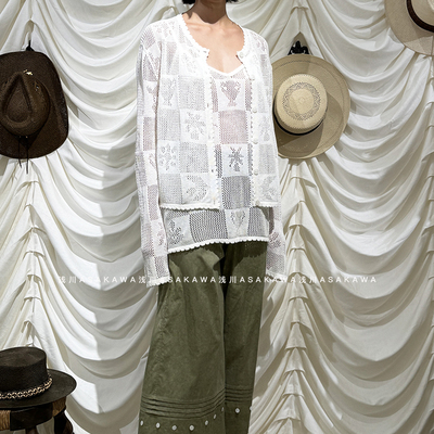 白色格纹图案长袖针织开衫