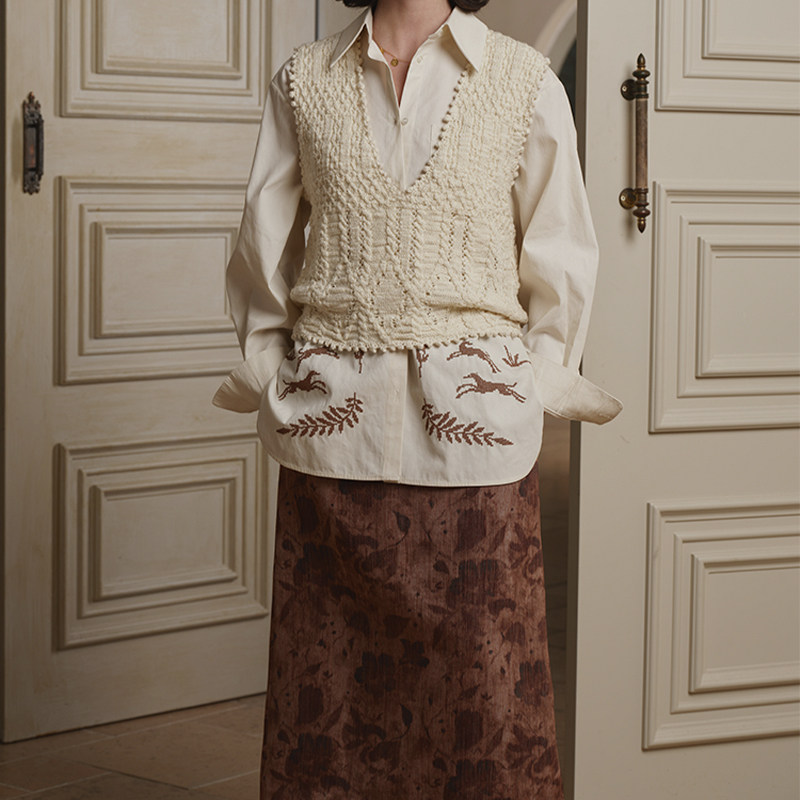 复古织纹深V领针织背心25AW秋冬