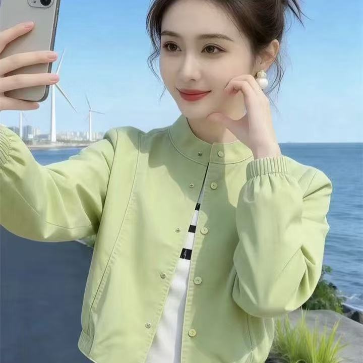 2026春秋新款百搭休闲风绿色短外套女时尚减龄显白显瘦棒球服夹克