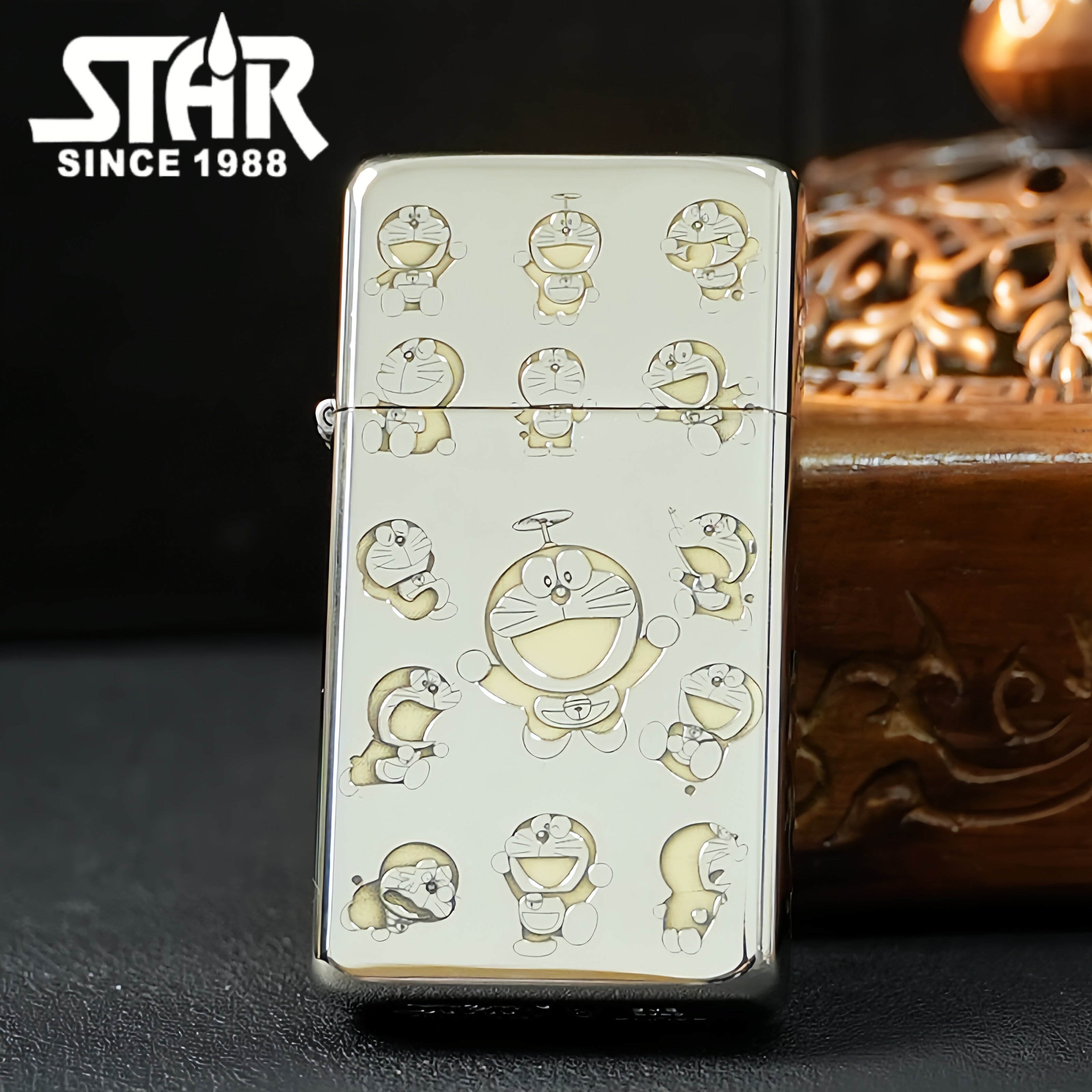 STAR恒星909窄机白镍精雕哆啦A梦煤油打火机白镍煤油机送礼送朋友