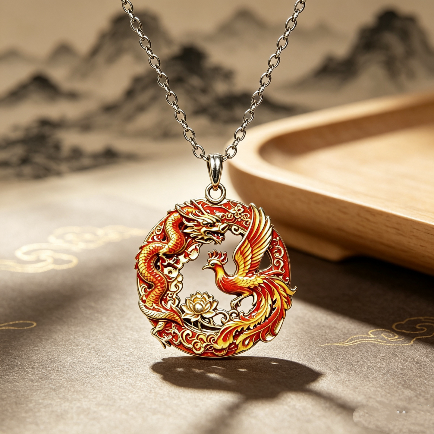 中式珐琅龙凤呈祥莲花圆牌吊坠