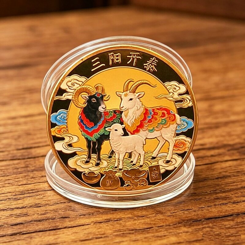 新中式三羊开泰彩绘黄色底纪念章高级创意合金摆件可收藏送长辈礼
