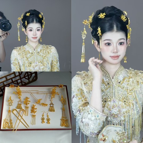 新中式金色凤钗新娘秀禾服龙凤褂头饰古装汉服发饰套装