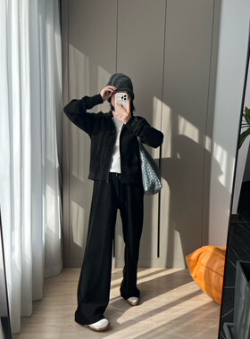 2025秋冬新款加绒加厚连帽卫衣外套阔腿裤套装