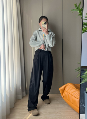 2025年春新款慵懒随意大长腿翻边直筒裤宽松阔腿裤女休闲长裤