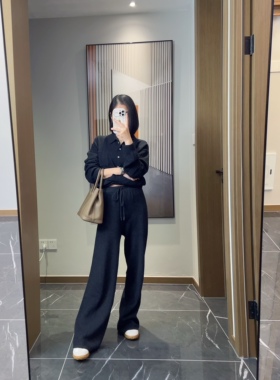 极简row老钱风套装~100羊毛针织衬衫领开衫+直筒中缝线阔腿长裤女