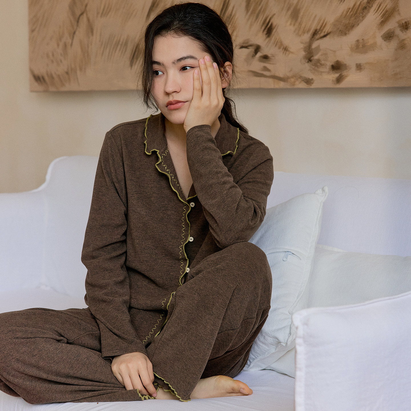 朵朵可可睡衣女2026秋冬季新款柔软木耳边薄绒睡眠款家居服套装