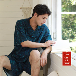 朵朵可可2026春夏新款睡衣男竹节棉套头款休闲短袖短裤家居服套装