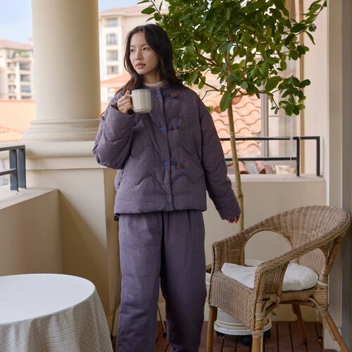 朵朵可可睡衣女2026秋冬新款格纹加厚保暖时尚羽绒服家居服套装