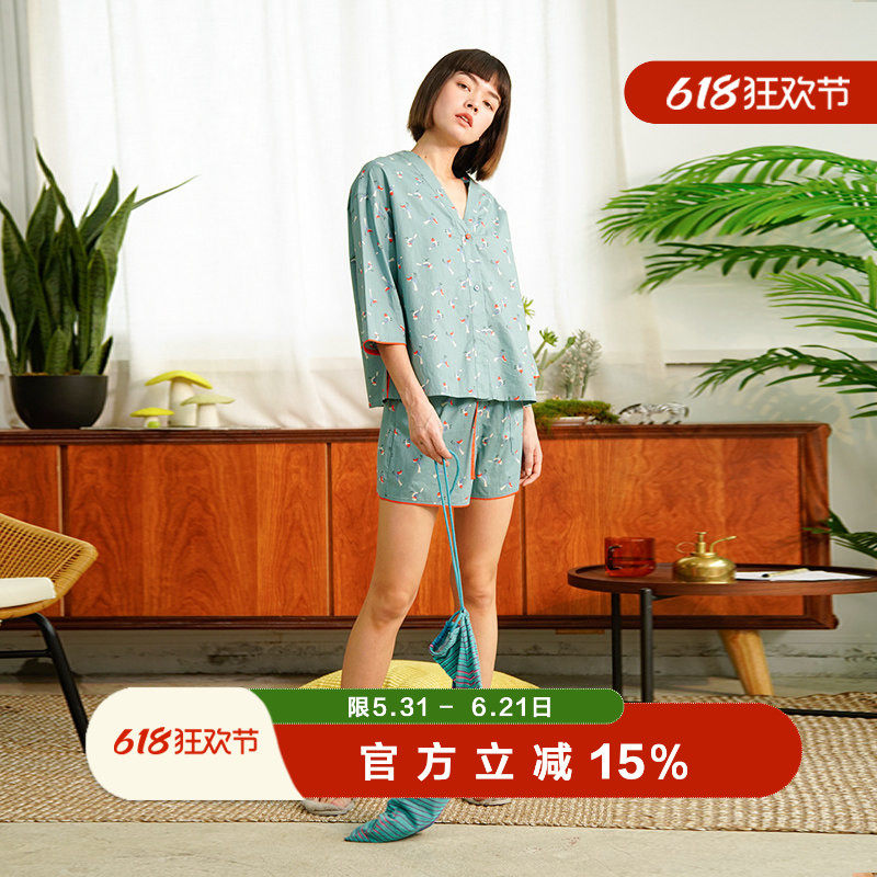 朵朵可可睡衣女夏季新款纯棉薄款小鸟印花中袖短裤网红家居服套装