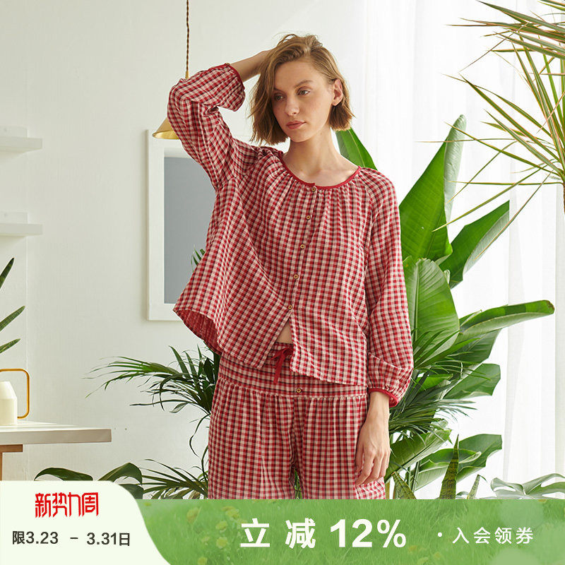 朵朵可可睡衣女2026春夏新款超柔软纯棉纱红格子薄款长袖家居服
