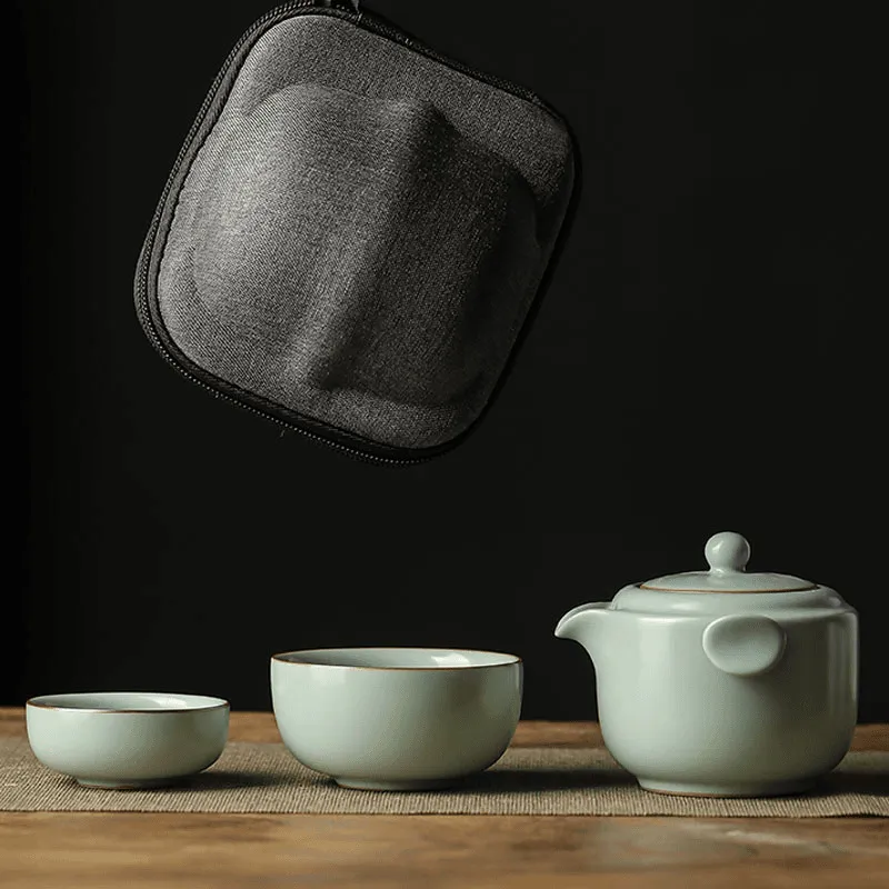 天青色汝窑快客杯旅行茶具便携车载套装单人一壶二杯子开片可养