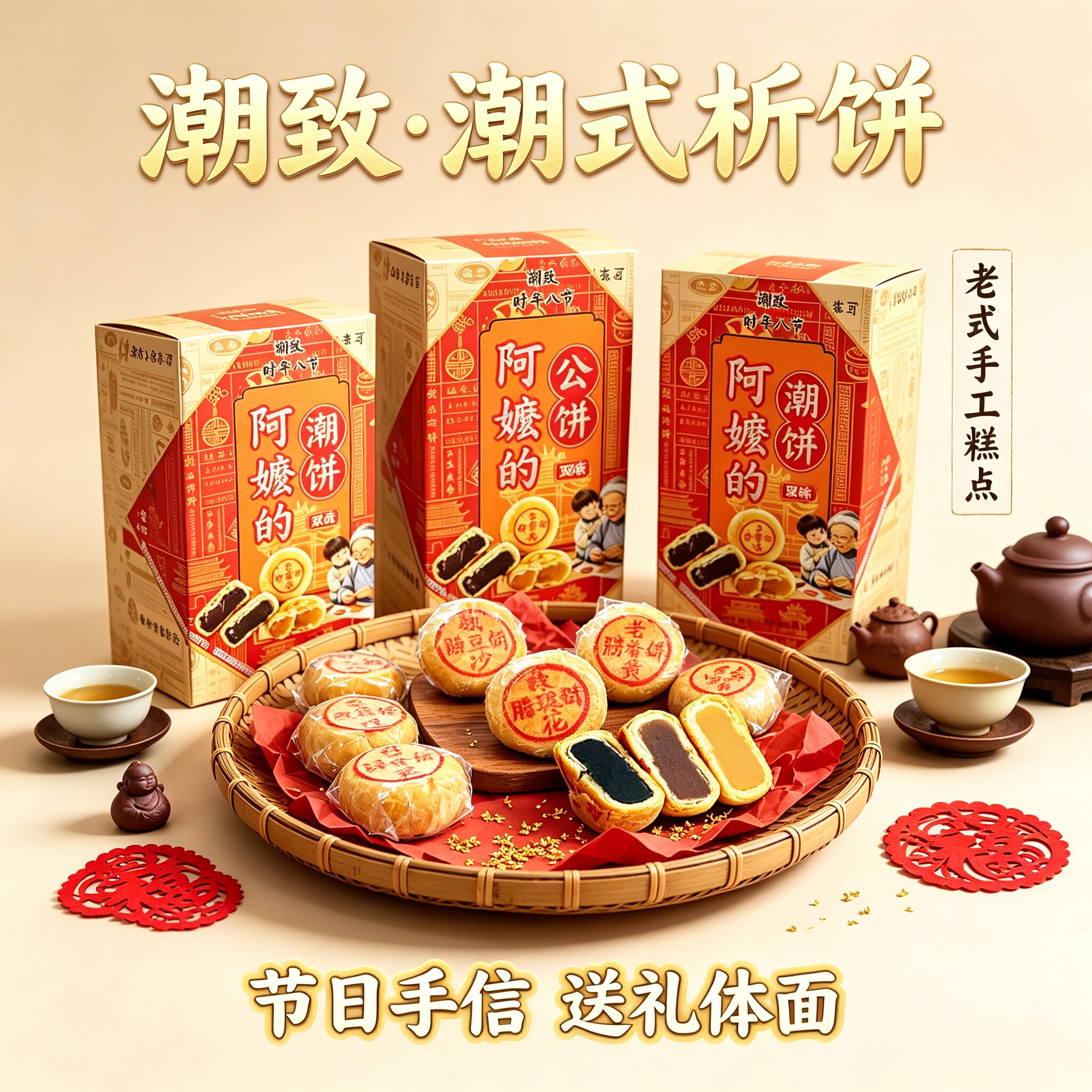 潮挚潮汕崂饼乌豆沙捞饼绿豆沙老香橼山楂崂饼中秋月饼啊公啊嬷盒