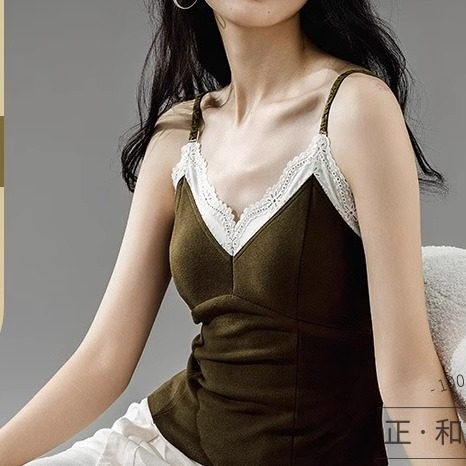 004蕾丝V领保暖背心内衣女带胸垫免穿文胸内搭一体式打底吊带