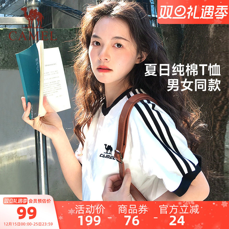 骆驼纯棉T神夏日短袖T恤女2025夏新款情侣宽松复古运动休闲上衣