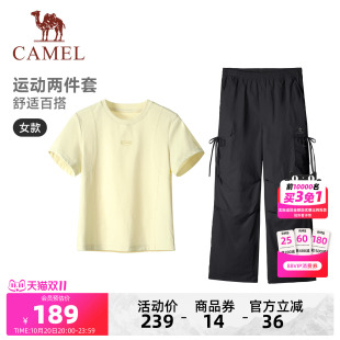 骆驼休闲运动套装女款夏季新短款t恤短袖防晒透气工装裤两件套潮