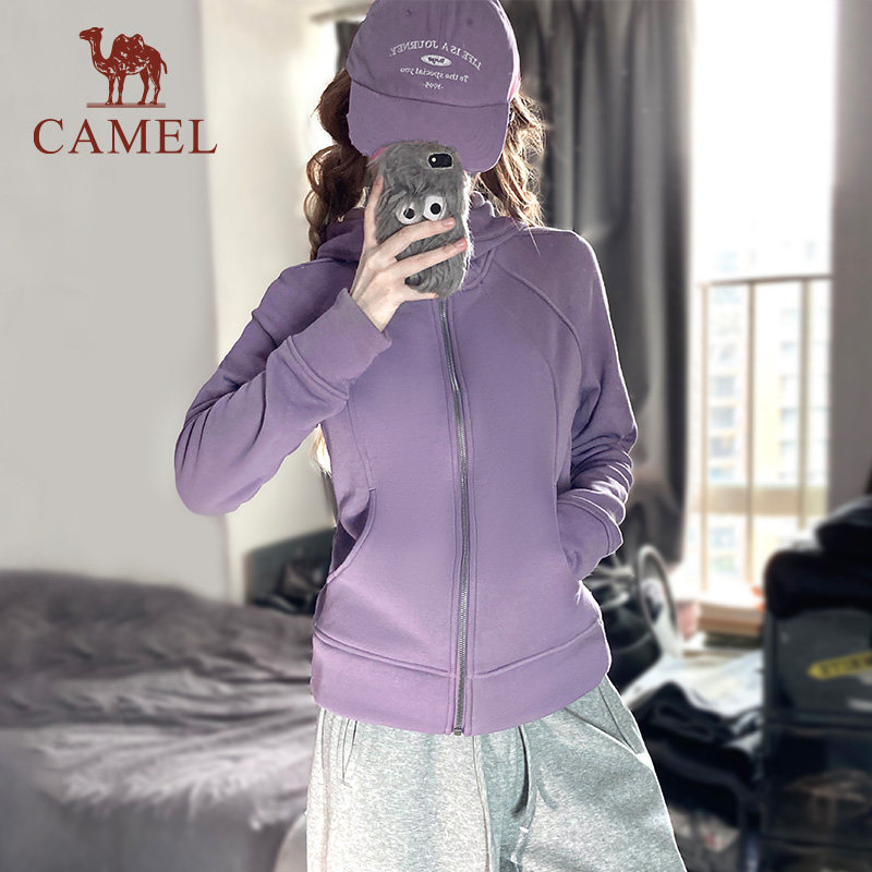 骆驼小蛮腰外套女冬季针织加绒连帽卫衣收腰显瘦收腰修身开衫