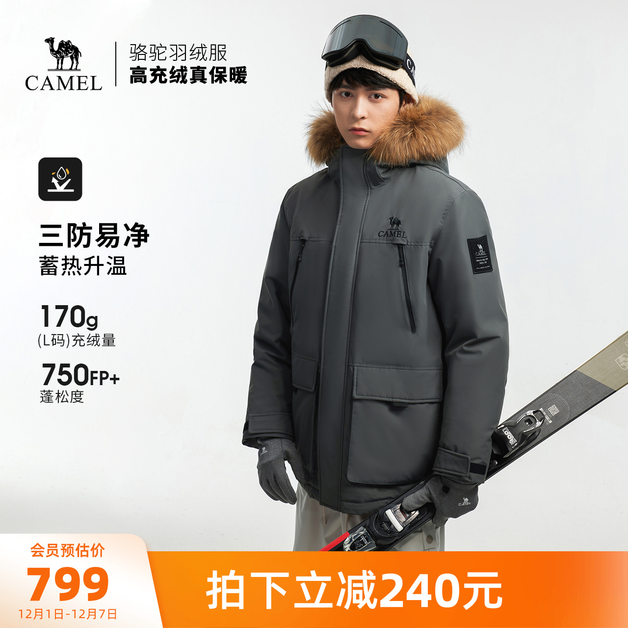 骆驼户外羽绒服2025冬季女款男款三防加厚保暖大毛领派克服