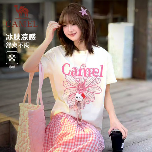 骆驼冰皮T神小雏菊t恤短袖女夏季棉感休闲韩系圆领学生运动上衣潮