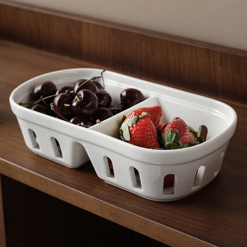 陶瓷镂空沥水分格碗家用客厅茶几水果盘子碗零食甜品小吃碗收纳盘