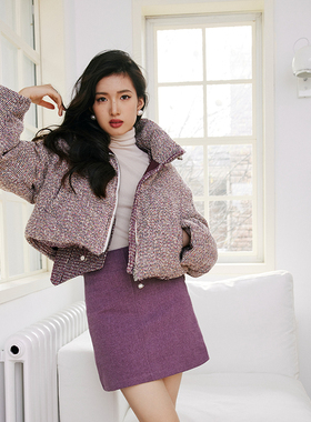自制2023冬新品韩版高腰显瘦紫色编织小香风半身裙女A字百搭短裙