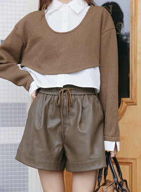 ZJ自制棕色松紧腰高腰皮短裤女显瘦宽松阔腿休闲a字pu阔腿裤外穿