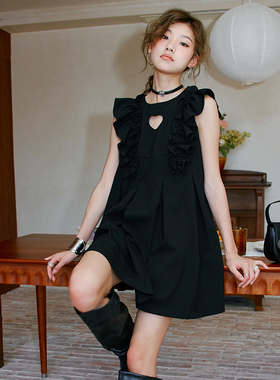 夏新品韩版无袖气质爱心小黑裙女显瘦黑色娃娃衫礼服短裙连衣裙