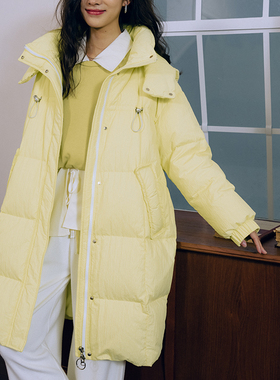 ZJ自制2022冬新品淡黄色长款连帽90白鸭绒羽绒服加厚保暖过膝外套