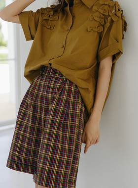 自制2022秋韩版格子百慕大五分裤女显瘦外穿阔腿休闲中裤英伦短裤