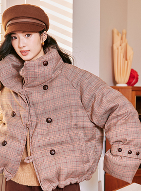 ZJ小众女装自制冬季韩版格子90白鸭绒羽绒服外套加厚美拉德面包服