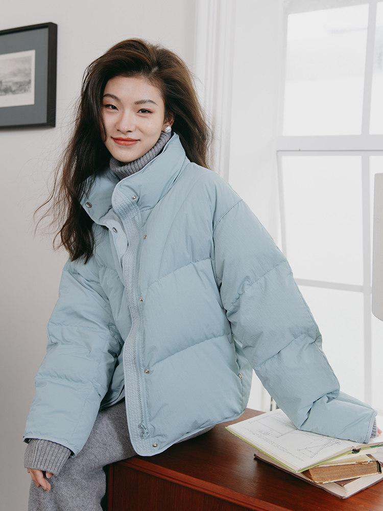 ZJ小众女装自制2024冬韩版加厚保暖蓝色90白鸭绒羽绒服宽松面包服