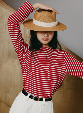 ZJ自制2023红白复古法式条纹一字领宽松纯棉上衣女百搭打底衫T恤