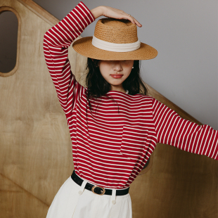 ZJ自制2023红白复古法式 T恤 条纹一字领宽松纯棉上衣女百搭打底衫