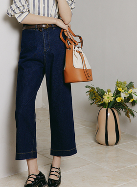 自制2023春季复古直筒显瘦高腰牛仔裤女深蓝色宽松阔腿九分休闲裤