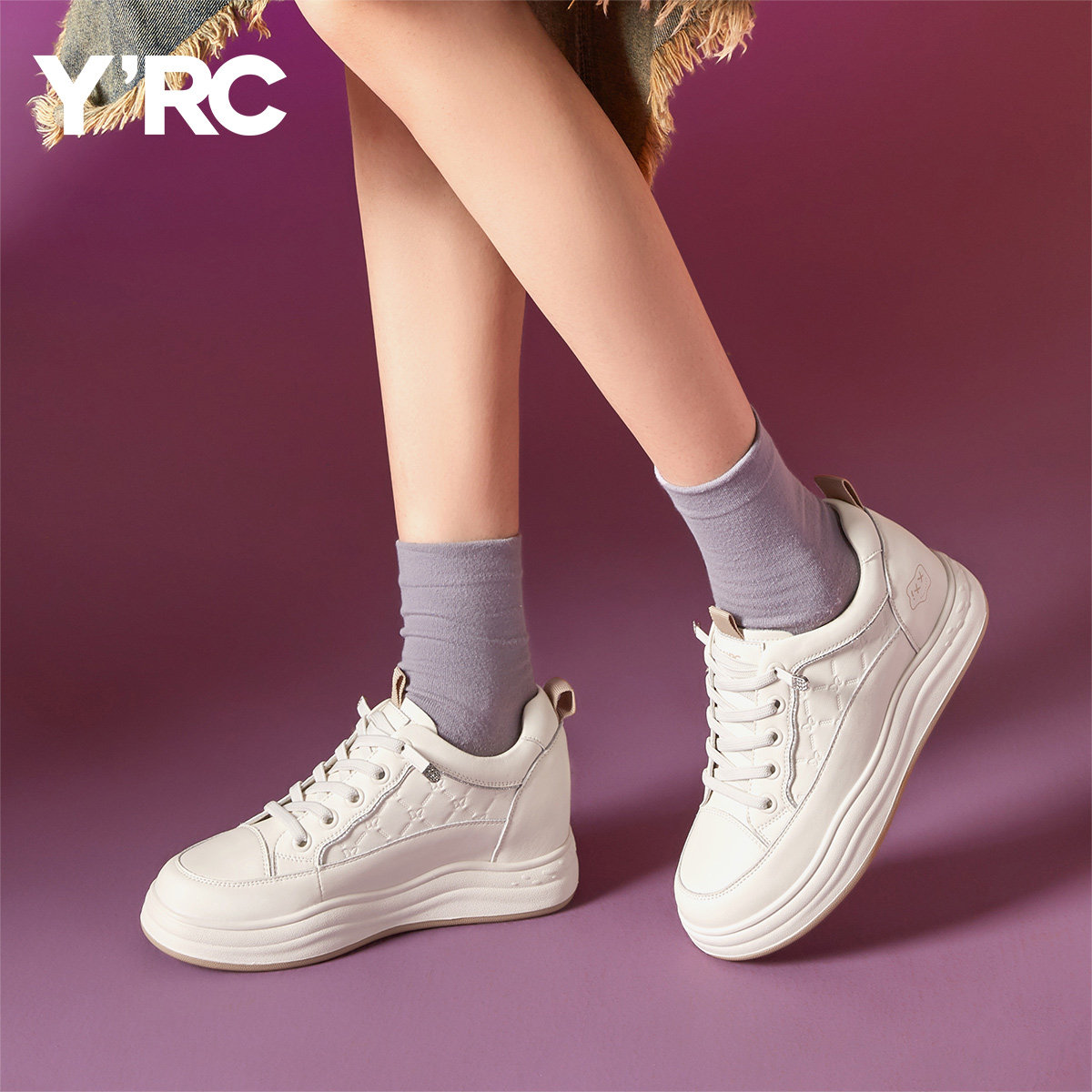 YRC休闲女鞋2025春夏新款百搭厚底内增高小白鞋舒适轻便真皮女鞋