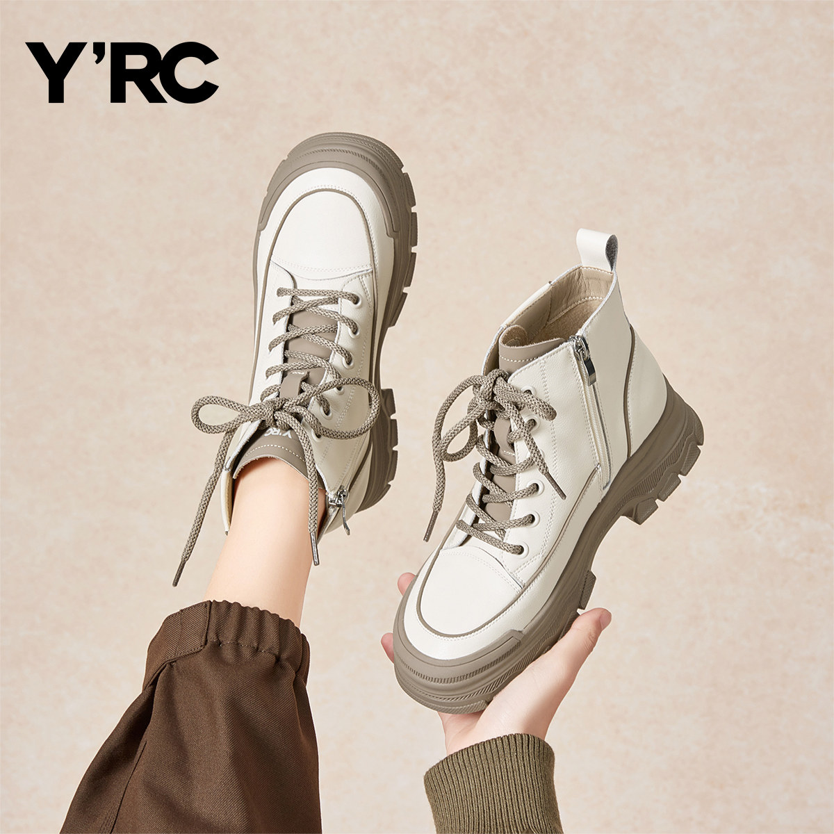 YRC厚底马丁靴女内增高软英伦风小个子炸街短筒休闲秋冬加绒