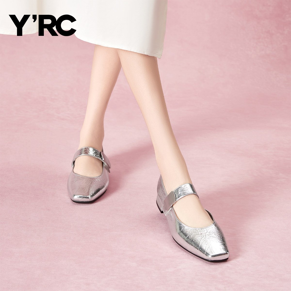 YRC银色玛丽珍鞋女2025秋新款浅口方头芭蕾舞鞋一字扣单鞋气质