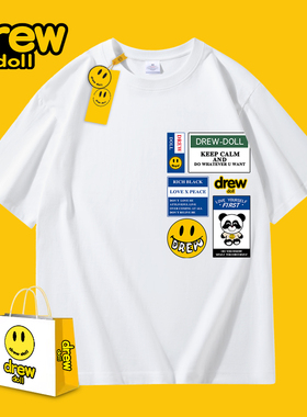 drew doll2024新款笑脸卡通字母印花潮牌圆领情侣短袖男女同款T恤