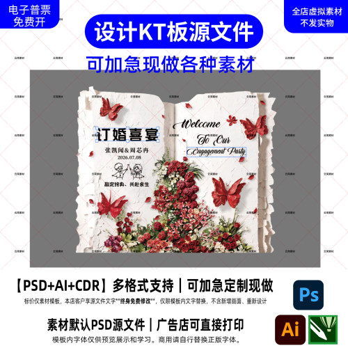 油画书本风订婚背景PS素材红玫瑰蝴蝶订婚喜宴迎宾KT板源文件模板