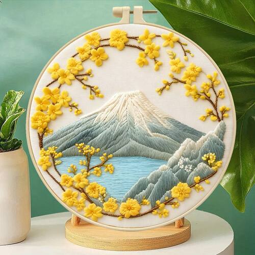 工厂直供 富士山迎春花手工刺绣DIY材料包 客厅装饰挂画批发货源