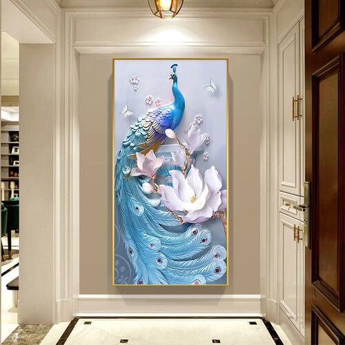 入户玄关装饰画走廊过道孔雀挂画竖版客厅现代简约立体镶钻晶瓷画