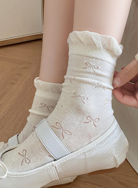 花边透气女袜子春夏薄款纯棉防臭中筒袜蝴蝶结配小皮鞋甜美女生袜
